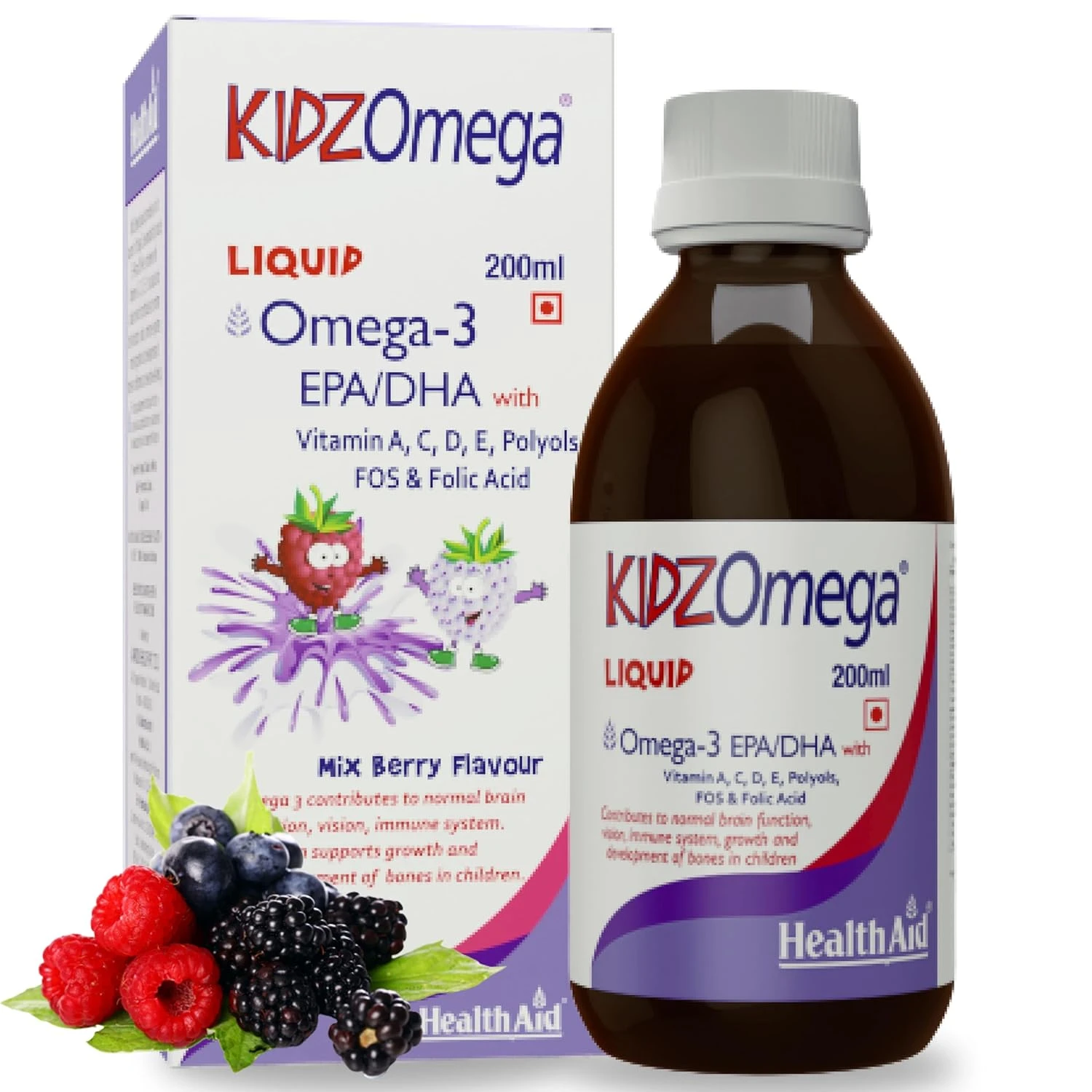 HealthAid KidzOmega Syrup – Omega-3 DHA with Vitamins C, D & E | 200ml Mixed Berry Flavor | Supports Brain, Vision & Immune Health | Easy-to-Take Liquid Supplement for Children