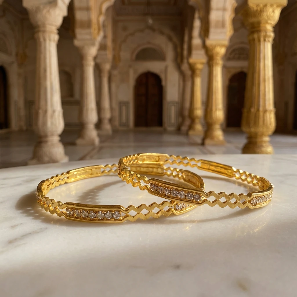 Elegant gold-plated bangles with intricate openwork and subtle stone sparkle