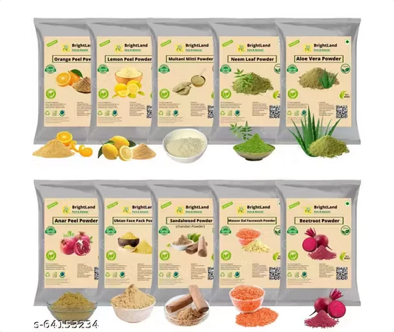 Brightland Combo of Glowing Skin & pimples orange peel powder ,Lemon peel powder, mitti powder,Neem powder, Alovera powder, Anar peel powder, ubtan powder,Sandalwood powder, Masoor dal powder, Beetroot powder (Total-400gm) 40gm each in packet
