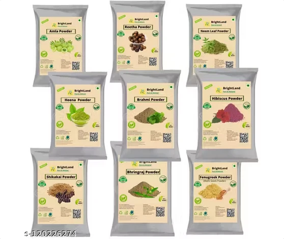 Brightland 100% Pure and Natural Amla Reetha Shikakai, ,Hibiscus, Brahmi, Henna, Neem leaf And Methi Seeds( Fenugreek) Powder for Hair Care and Hair Growth, Hair Color and Natural Shampoo Combo Pack(50gm EachX9 = 450gm)
