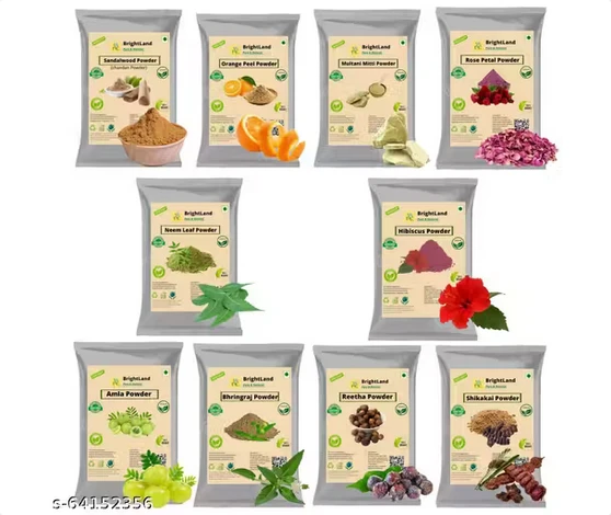 Brightland Pure Sandalwood Powder, Orange Peel Powder, Neem Leaf Powder, Rose Powder, Mitti Powder, Amla Powder, Reetha Powder, Shikakai Powder, Bringraj Powder, Hibiscus Powder (50gm Each Powder)