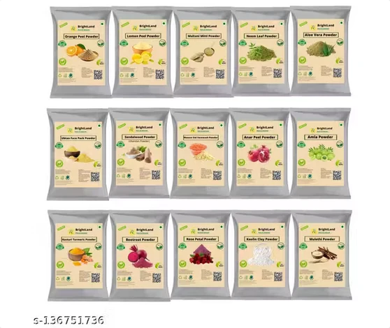 Brightland Orange peel powder, Lemon peel powder , Neem powder, Alovera powder, Anar powder, Ubtan powder, Sandalwood powder, Masoor Dal powder ,Beetroot powder, Kasturi Turmeric powder, Rose powder, Mulethi powder, kaolin clay powder, amla powder 50gm ea