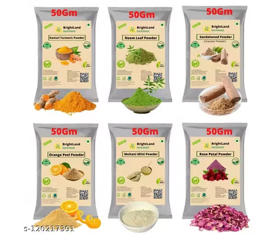 Brightland Combo Face Pack for Glowing Skin & Pimples( Mitti Powder (50 g) , Chandan Powder (50 g), Orange Peel Powder (50 g), Rose Powder (50 g), Neem Powder (50 g) and Kasturi Haldi Powder (50 g)