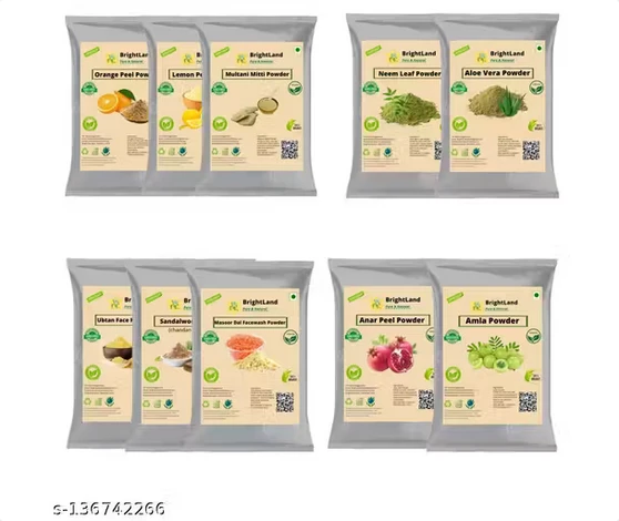 Brightland orange peel powder, Lemon peel powder, mitti powder , Neem powder , Alovera powder, Ubtan powder, Sandalwood powder, Masoor Dal powder , Anar peel powder , Rose powder 40gm Each in packet ( total =400gm )