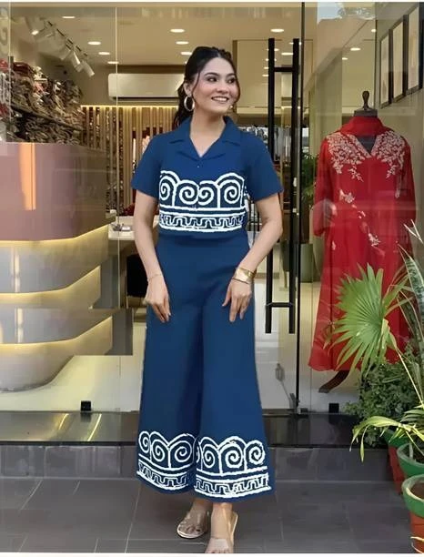 Women Cotton Blend Crop Top Palazzo Set