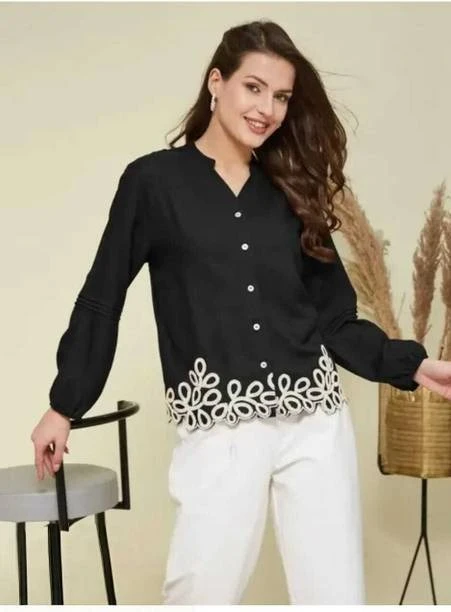 Casual Regular Sleeves Embroidered Women Black Top