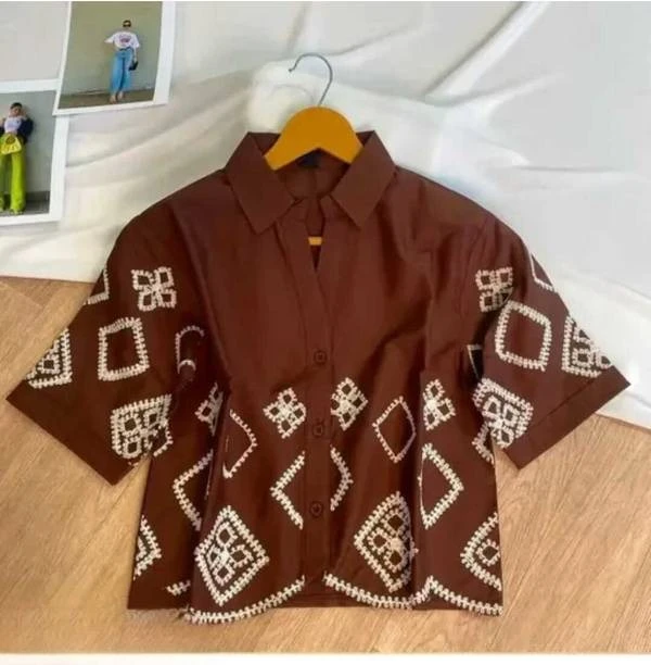 Casual Regular Sleeves Embroidered Women Brown Top