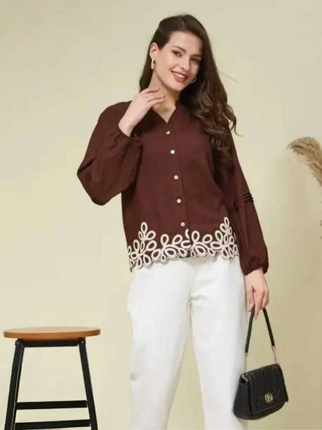 Casual Regular Sleeves Embroidered Women Maroon Top