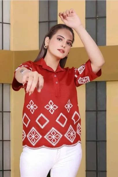 Casual Regular Sleeves Embroidered Women Red Top