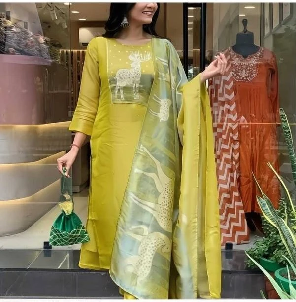 Women Viscose Rayon Kurta Pant Attached Dupatta Set