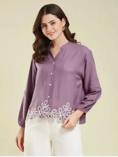 Casual Regular Sleeves Embroidered Women Purple Top