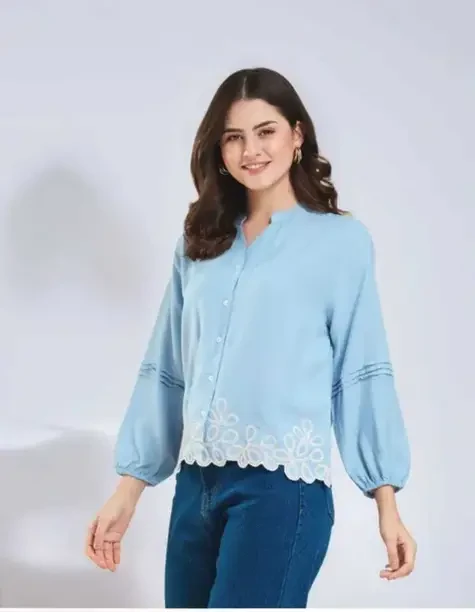 Casual Regular Sleeves Embroidered Women Light Blue Top