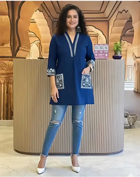 Casual Regular Sleeves Embroidered Women Blue Top