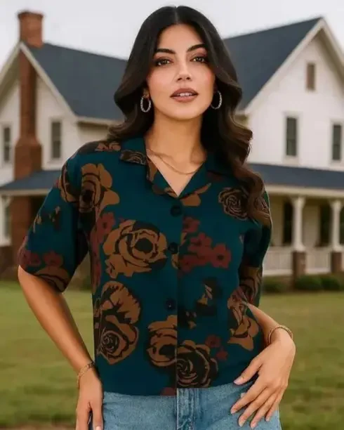 Casual Regular Sleeves Printed Women Blue Top