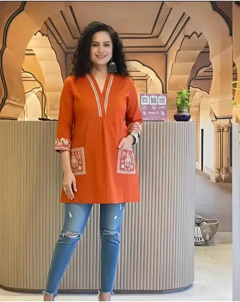Casual Regular Sleeves Embroidered Women Orange Top