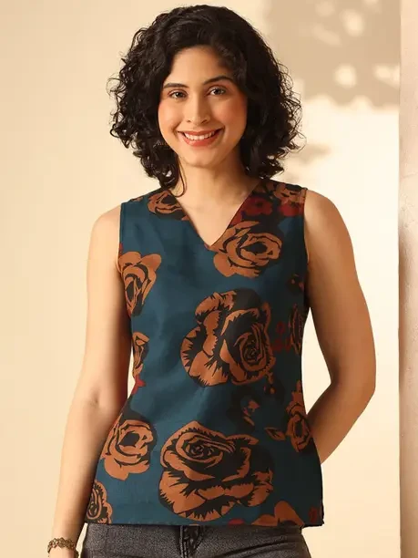 Casual Sleeveless Printed Women Blue Top