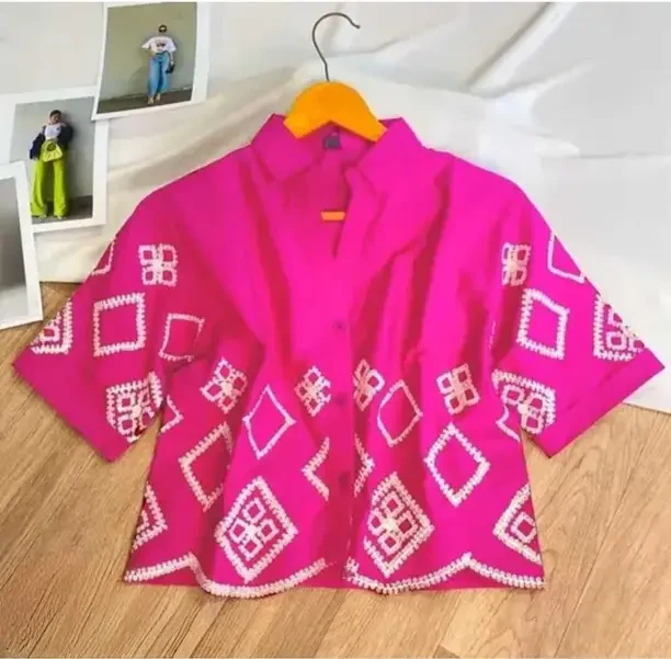 Casual Regular Sleeves Embroidered Women Pink Top