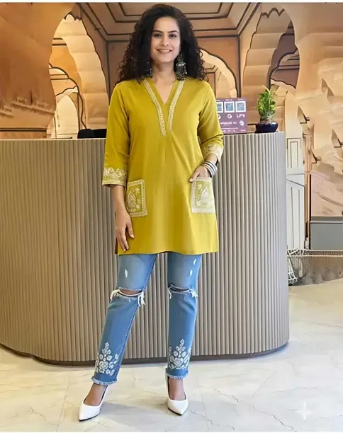 Casual Regular Sleeves Embroidered Women Yellow Top