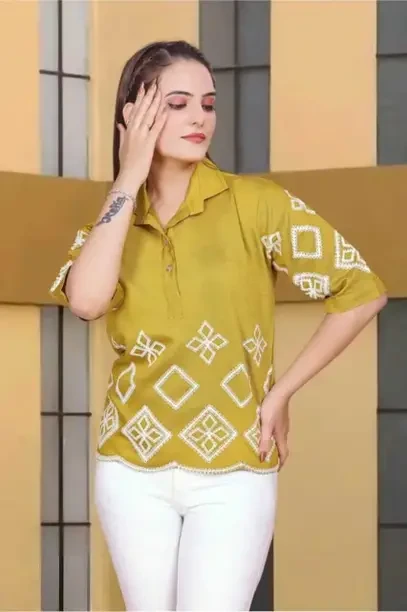 Casual Regular Sleeves Embroidered Women Yellow Top