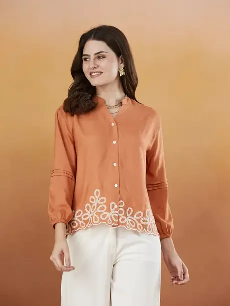 asual Regular Sleeves Embroidered Women Orange Top