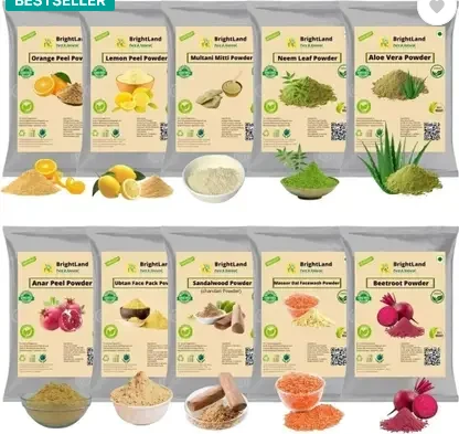 Brightland Combo of Glowing skin & pimples 40Gm Orange Fruit powder 40gm Lemon peel powder 40gm Multani mitti powder 40gm Neem powder 40gm alovera powder 40gm Anar peel powder 40gm Ubtan 40gm Sandalwood (chandan) powder 40gm Masoor Dal powder 40gm Beetroo