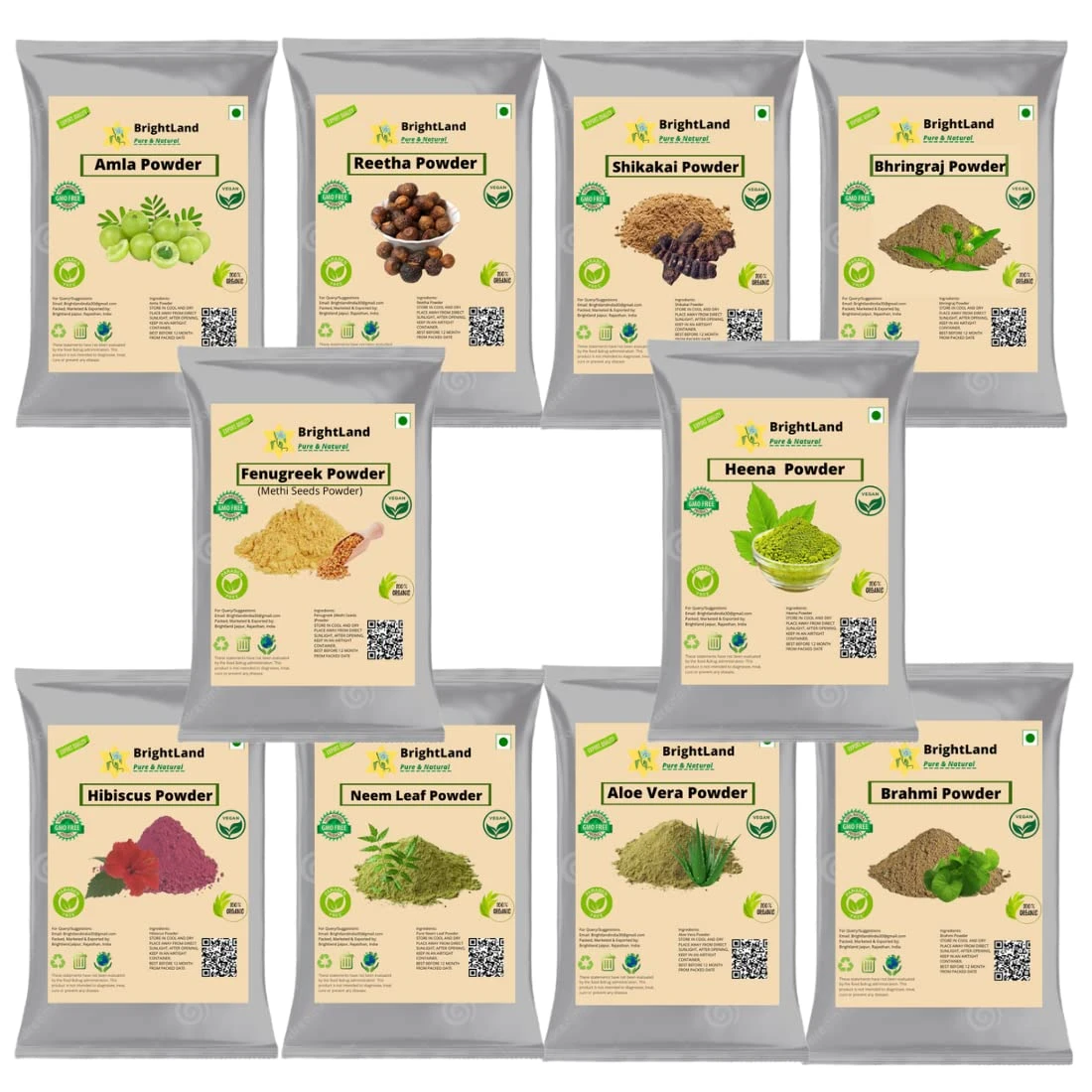 Brightland Amla, Reetha, Shikakai, Bhringraj, Brahmi, Hibiscus, Fenugreek, Aloe Vera, Heena & Neem Powder For All Hair Type, Hair & Skin (40Gm Each) 400Gm, 1 Count