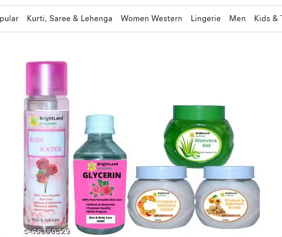 Brightland Combo of Glowing Skin 100ML Rose Water , 100GM Glycerine ,100Gm Alovera Gel , 100GM Apricot Scrub ,100GM Vitamin C- massage cream 100gm