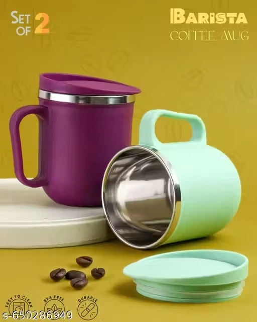 Plastic Inner Stainless Steel Tea/Milk/Coffee Mug Set Of 2 Pic - 300 ML EACH
