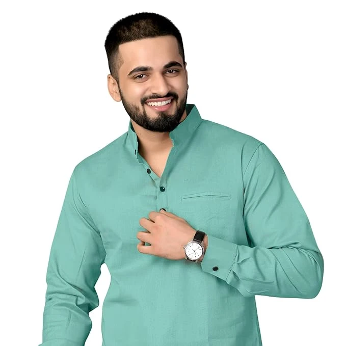 Men's Cotton Regular Short Kurta | Casual & Ethnic Wear with Long Sleeve