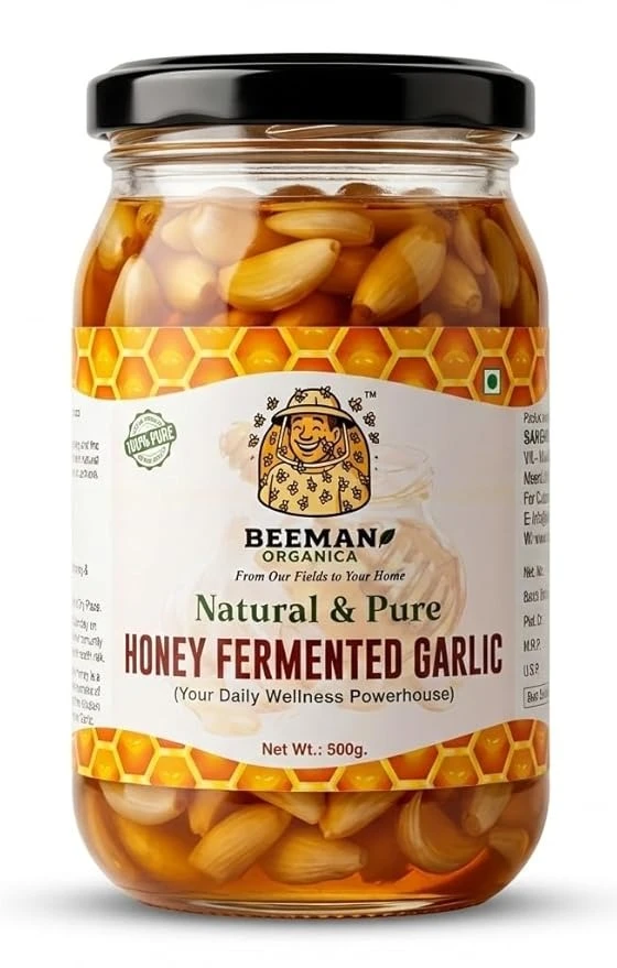 BEEMAN ORGANICA Honey Farmed Garlic- 500 Grams- Anti Bloating & Cure Acidity- Anti Ageing- Weight Loss- Helps to aid Cholestrol- Ancient Remedy