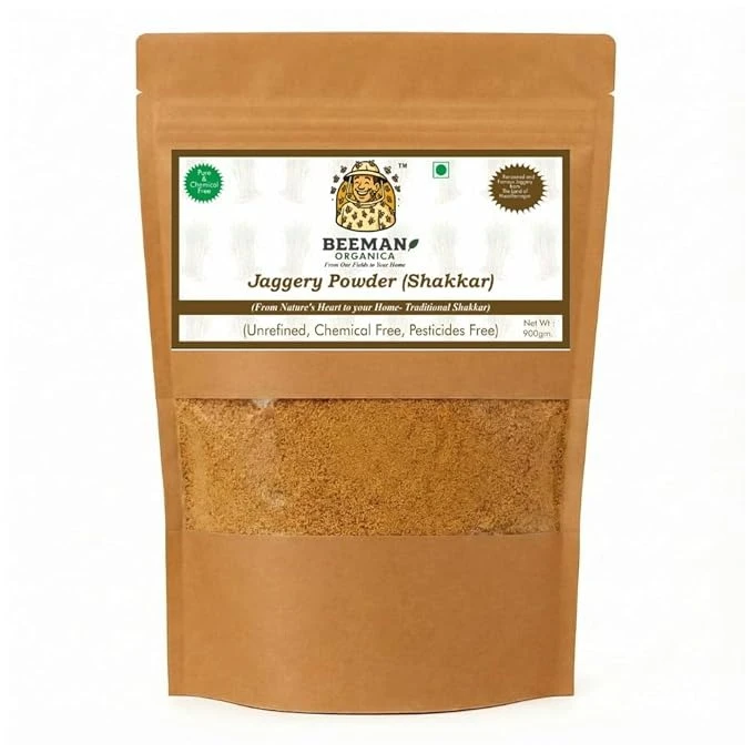 BEEMAN ORGANICA Organic Jaggery Powder (900 GM) | Handmade Shakkar | Premiium Jaggery Powder | Chemical and Sulphur free