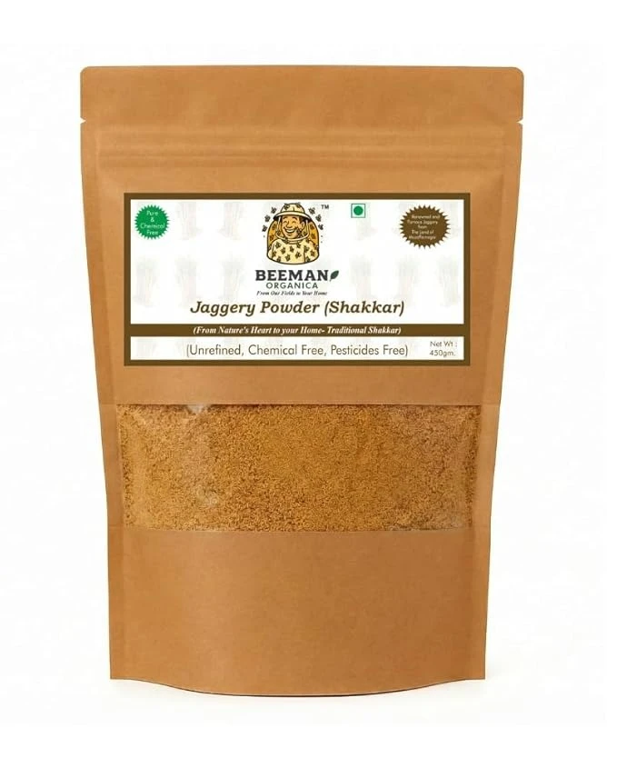 BEEMAN ORGANICA Organic Jaggery Powder (450 Gm) Traditional Indian Raw Sugar, Natural and Brown Sugar, (450 gm
