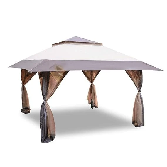 13x13 Pop-Up Premium Gazebo - One Push Outdoor Canopy Tent with Wheeled STO-N-Go Cover Bag | Pop-Up Canopy with Netting for Patio, Party, Backyard | Colour-Beige and Coffee