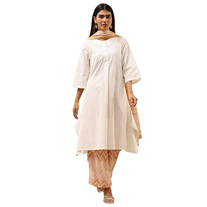Women Cotton Straight Printed Suit Set Size Medium Color Nude
