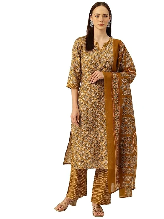 V-Neck 3-Piece Kurta Set with Ankle-Length Pants & Full-Length Dupatta Size Medium Color Olive