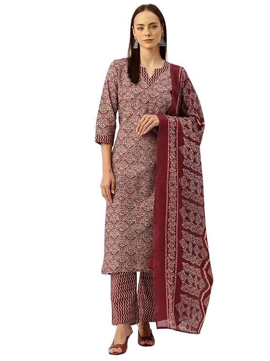 Women Cotton Straight Printed Suit Set Size Medium Color Maroon