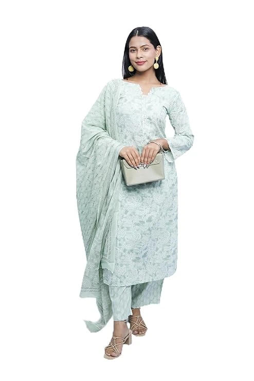 Women's Cotton Light Green Printed Straight Kurta with Straight Pants and Dupatta Set, Traditional 3-Piece Suit Size Medium