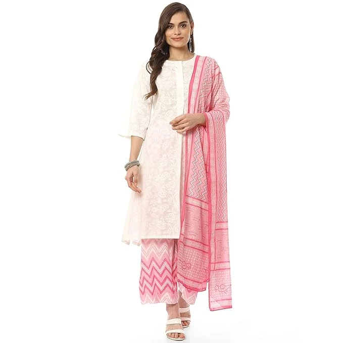 Women's Printed Straight Salwar Kurta Dupatta(Skd8052_Wht/Pnk_38) - Cotton, Multicolor