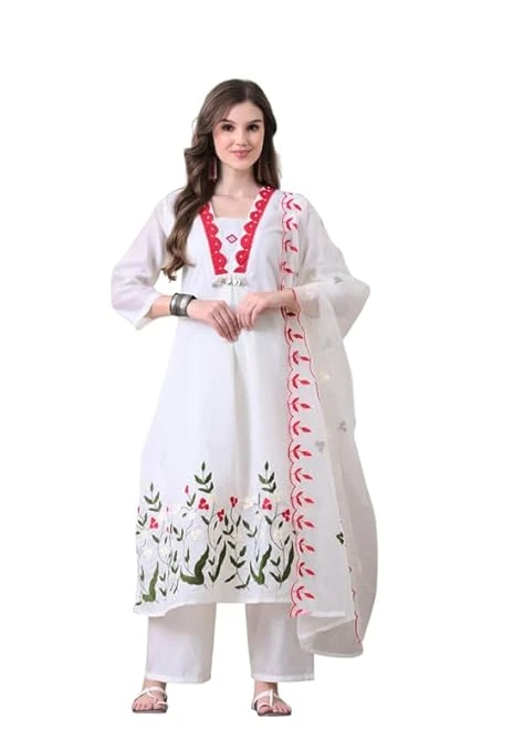 Women's Pure Cotton White Embroidered Kurta with Straight Pants & Dupatta Set | Floral Applique Work 3-Piece Ethnic Suit