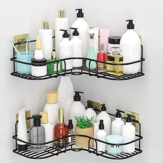 Metal Multipurpose Bathroom/Kitchen Corner Storage Organizer Wall Mounted Rack Shelf Shower Caddy (No Drilling - Shelf Adhesive) Bathroom Accessories Storage Rack (Black, Pack of 1)