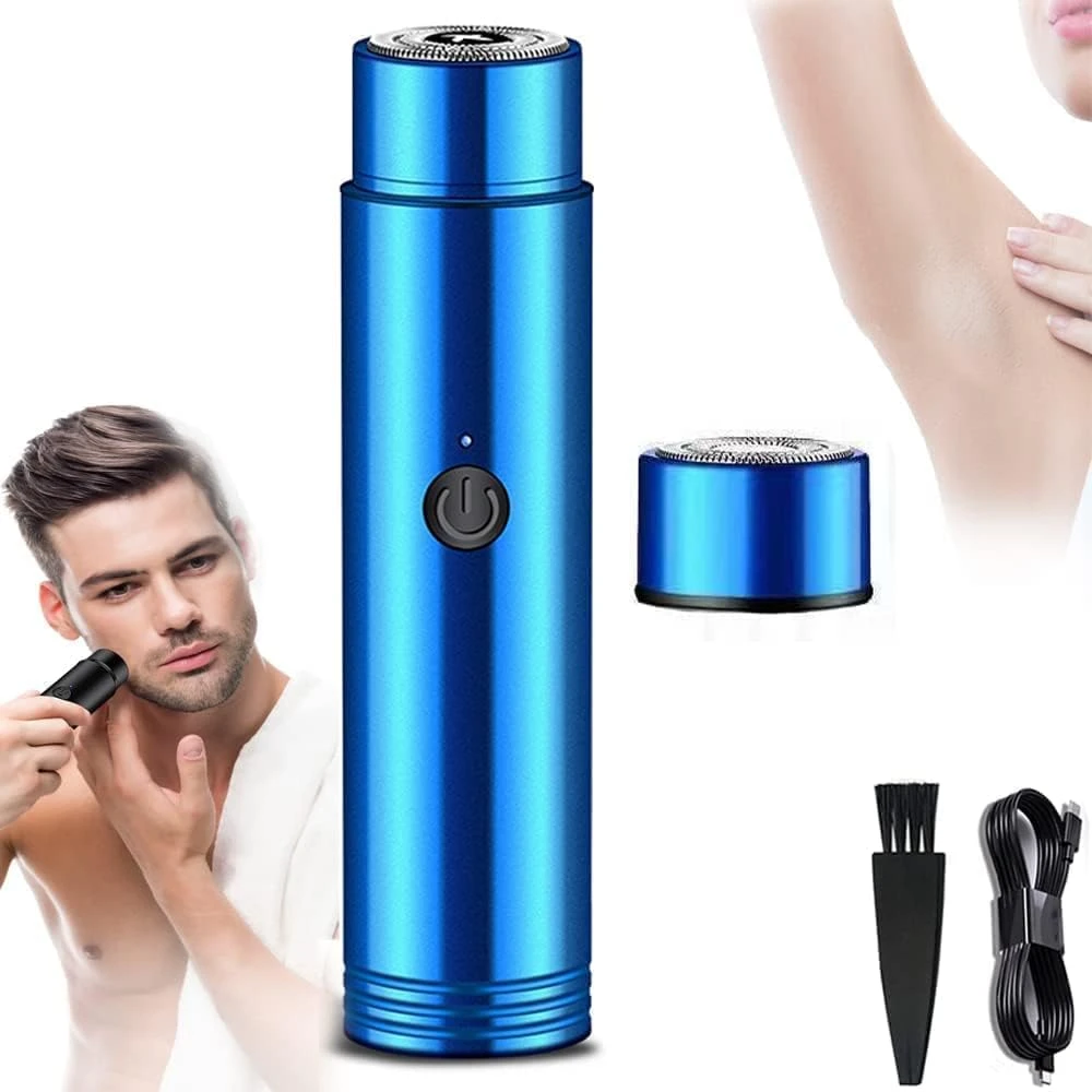 Mini Electric Shaver Portable Shaver Men, Shaving Machine Pocket Beard Trimmer Electric Razor for Unisex, USB Rechargeable Multipurpose Hair Shavers for Beard (Blue)