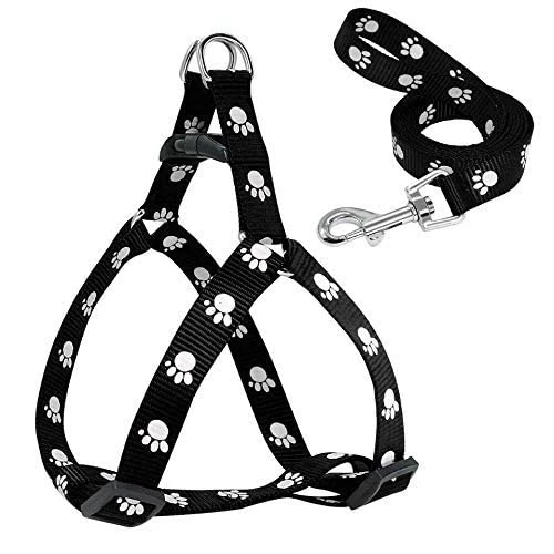 15 MM Adjustable Paw Print Puppy Harness Leash Collar Set Nylon Combo Offer of Small Dog Harness + Leash + Collar Set (Black Color)