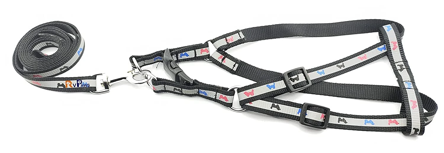 Adjustable Soft Nylon Strip Radium Dog Harness & Leash Set for Puppies and Small & Medium Breed Dog Reflected Harness & Leash Set - 15 MM (Black Color)
