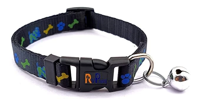 15MM Pets Paw Printed Adjustable Length Collar Belt with Bells Soft Nylon Collar for Small Dogs, Puppies and Cats (Black)
