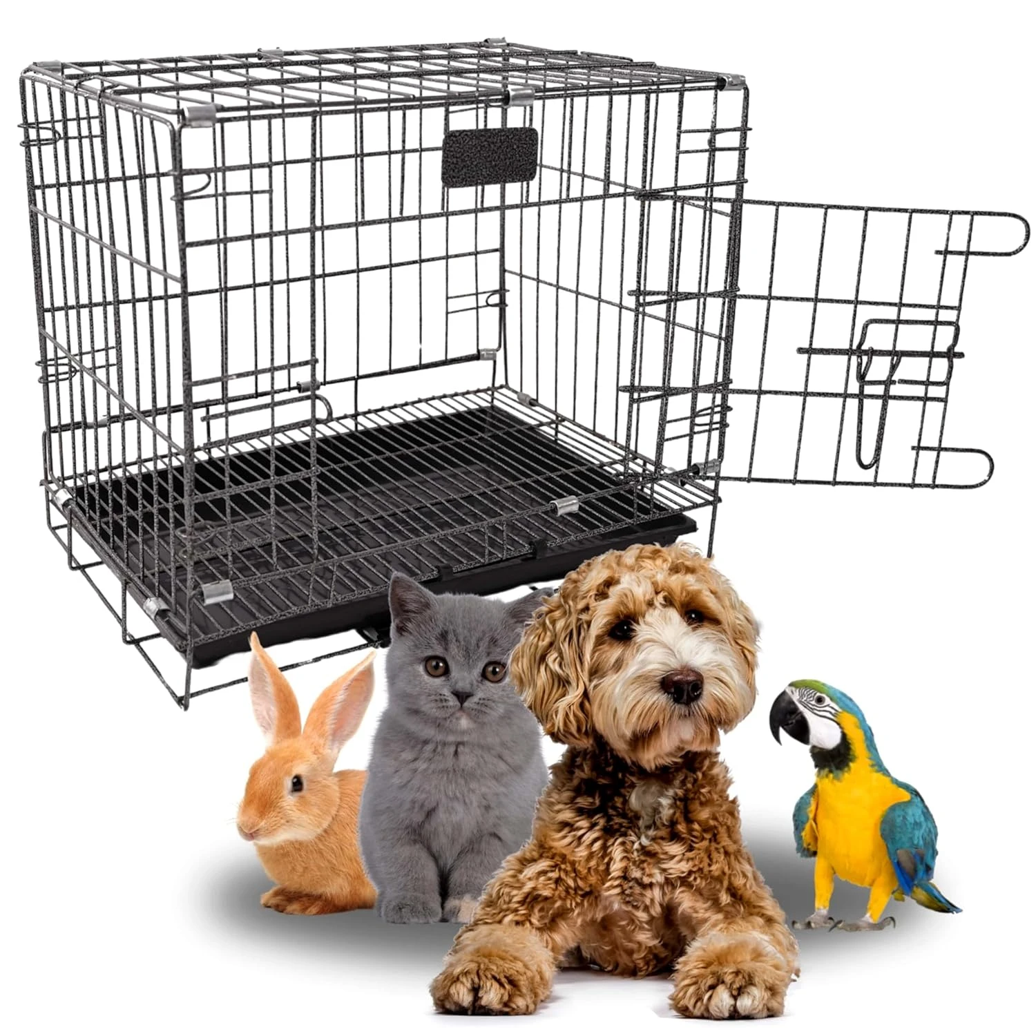 Single-Door Folding Metal Dog Cage with Paw Protector Easy to Move with Removable Tray Iron Cage for Dog & Rabbit 18 Inch Black Silver