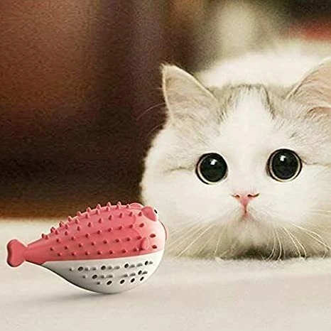 Pet Cat Kitten TPR Puffer Fish Toothbrush Catnip Molar Soft Bite Chew Play Toy, Cat Toy Fish Shape - Color May Vary