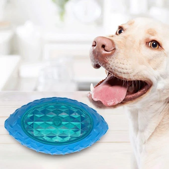 Dog Entertainment Playing Light up Toy | Rubber Rugby Ball Shape LED chew Toy | Sound Tooth Cleaning Toys for Puppy, Small and Medium Dogs