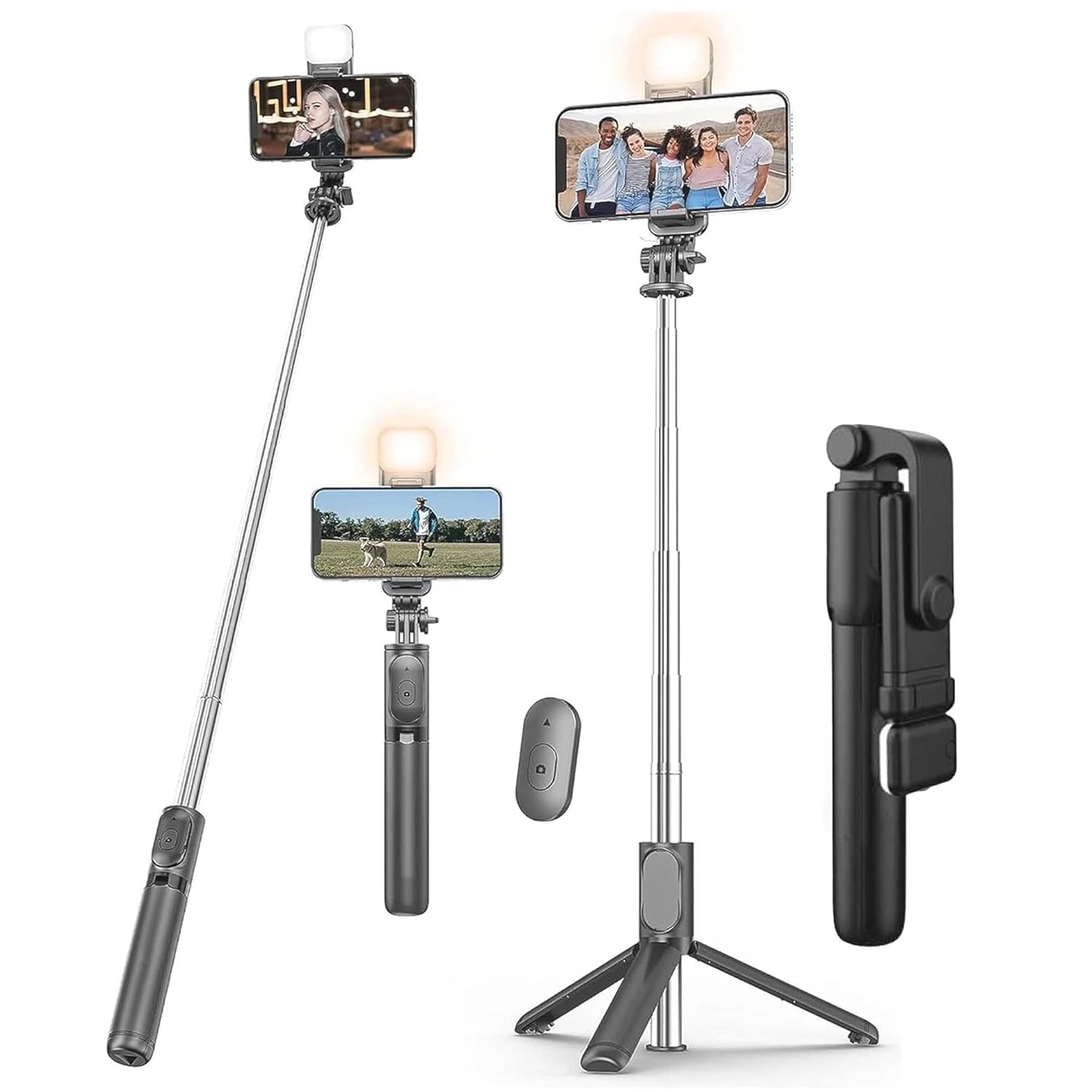Selfie Stick Tripod Stand, 3 in 1 Multifunctional Design, Rechargable LED Light with Two Brighness Levels for Make up, Selfie & Photo Shoot, Selfie Stick with Bluetooth Remote (70cm with light)