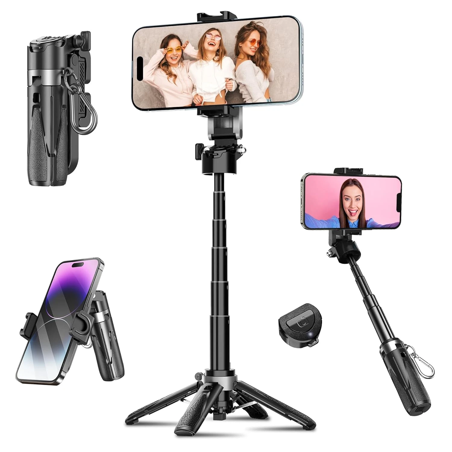 4 in 1 Mini Selfie Stick for Mobile, Tripod Stand with One-Click Auto OpenLegs, Premium Aluminum Build 5Section Telescopic Pole, 360°Rotation,Rechargeable Remote, Pocket-size for Travel