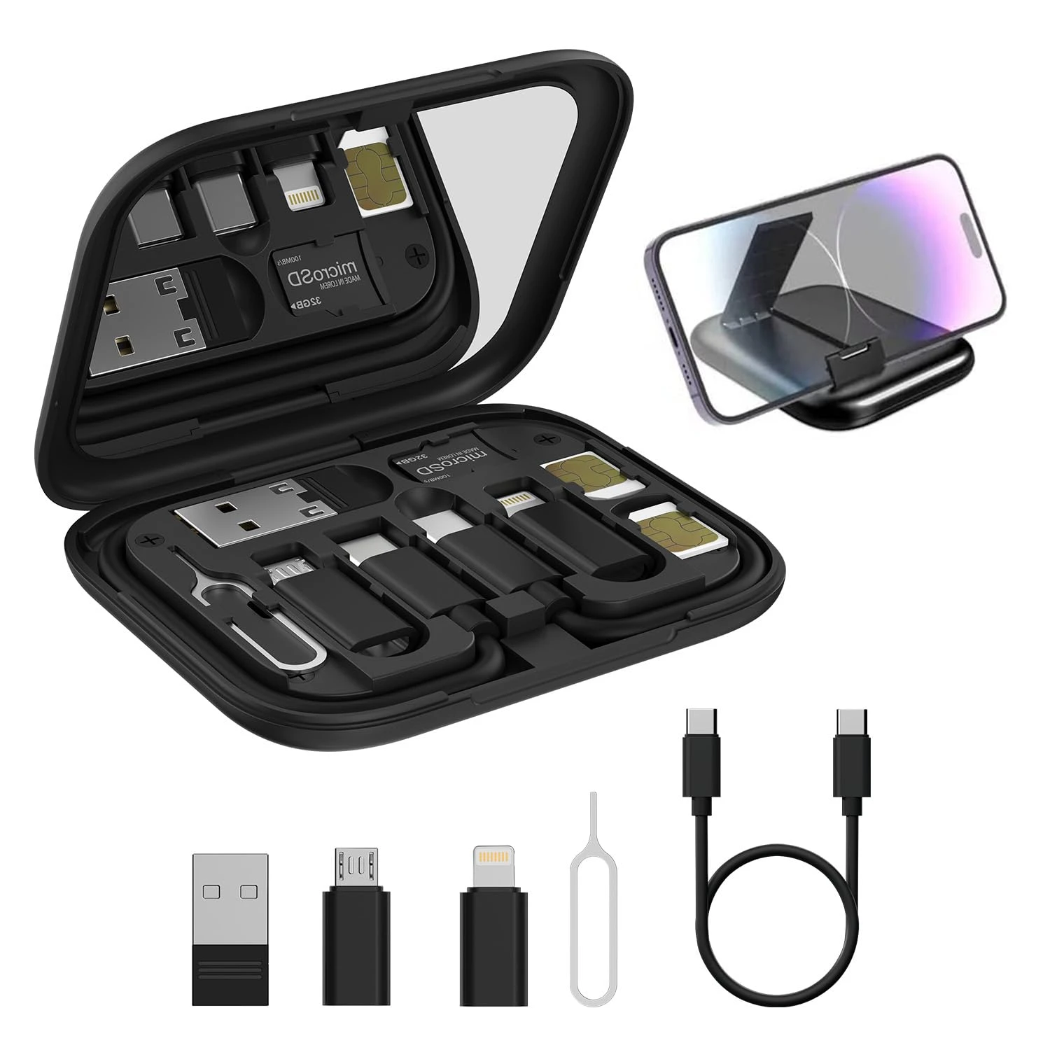 Portronics Snapcase 60W Multifunctional Fast Charging Data Cable Kit, Conversion Set USB A & Type C to Male Micro/Type C/Lightning,Data Transfer, Sim Storage, Sim Eject Pin, Pocket Mirror, Phone Holder